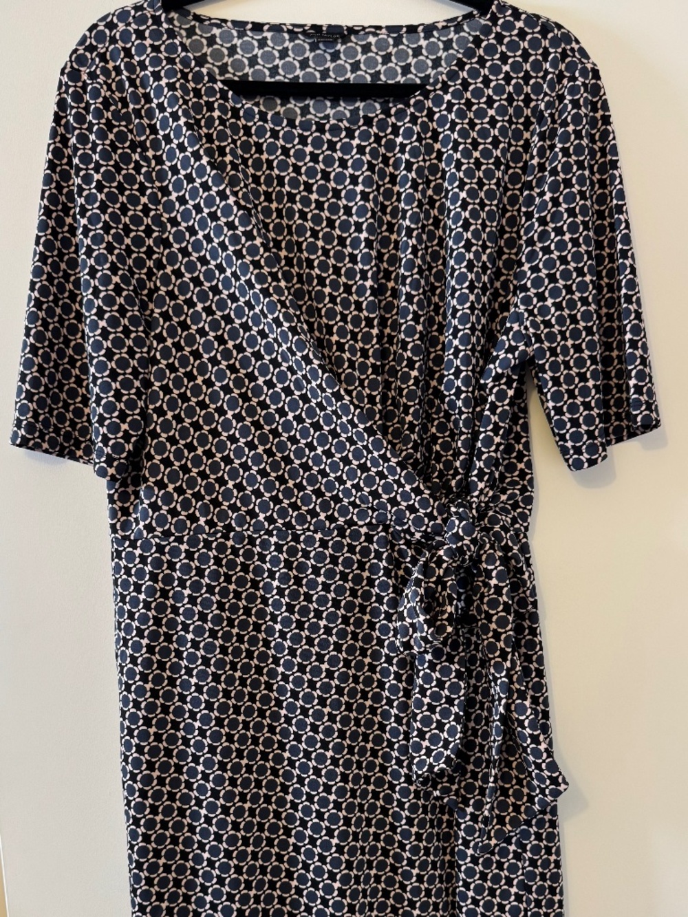 Ann Taylor Wrap Dress XL Navy White Geometric Print Short Sleeve - Picture 2 of 8